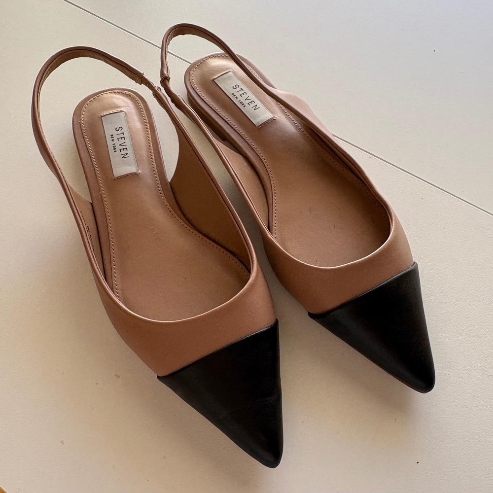 Steven New York Marina Flats Women 8.5 Tan Black Cap Toe Slingback MARI03D1